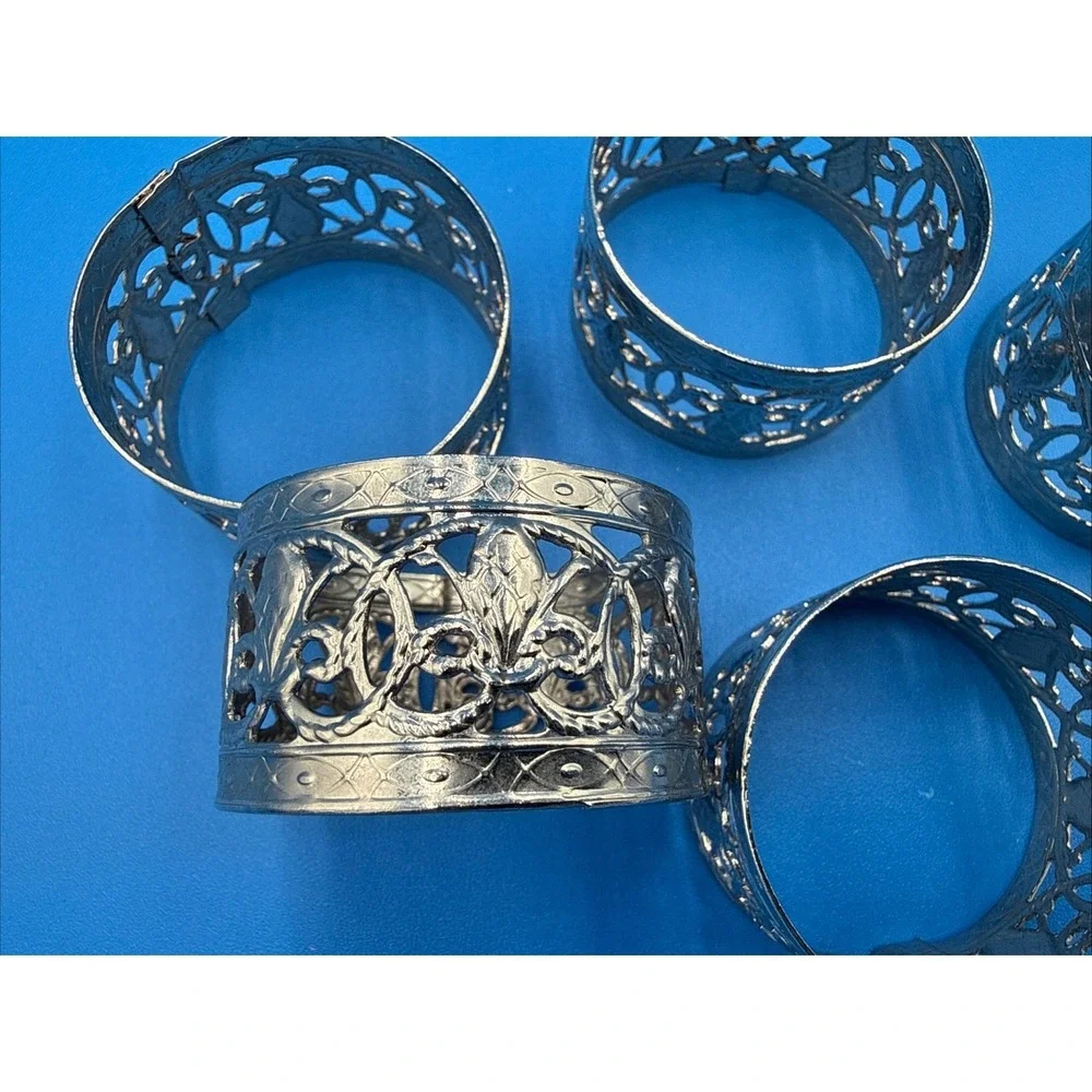 Ornate Set Of 5 Vintage Silver Color  Filigree Napkin Rings